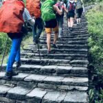 Grupo de aventureros subiendo una escalera que se encuentra en el interior del Himalaya