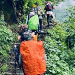Grupo de aventureros en el que se ven como están subiendo un sendero del Himalaya